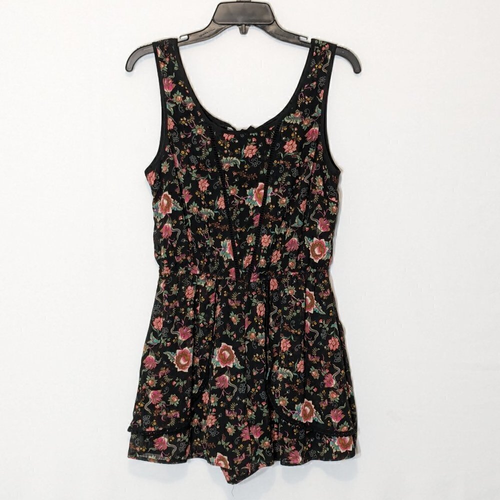 Women's ZOE & ROSE, Black/Red Floral, Short Chiffon Romper; Size S